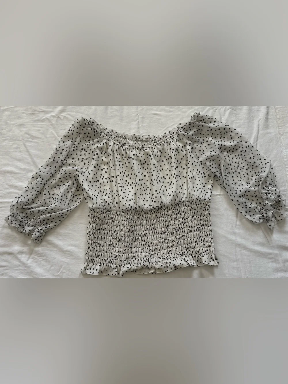 Anthropologie Off Shoulder Smocked Swiss Dot Puff Sleeve Crop Top XL